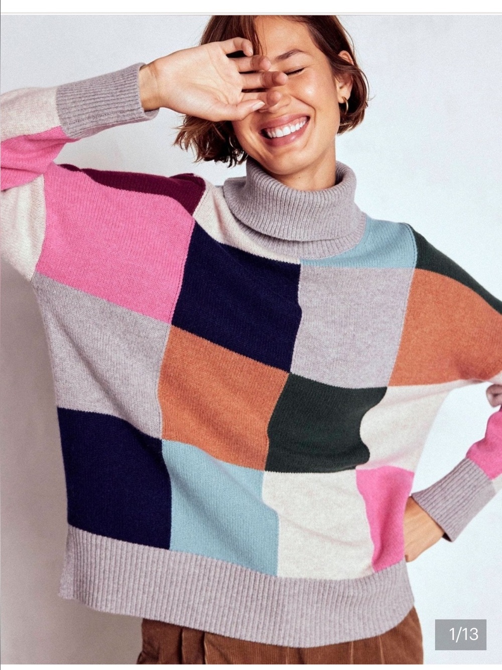 Boden Multi-Block Turtleneck Sweater - Gray, Pink, Navy, Green, Tan, Light Blue
